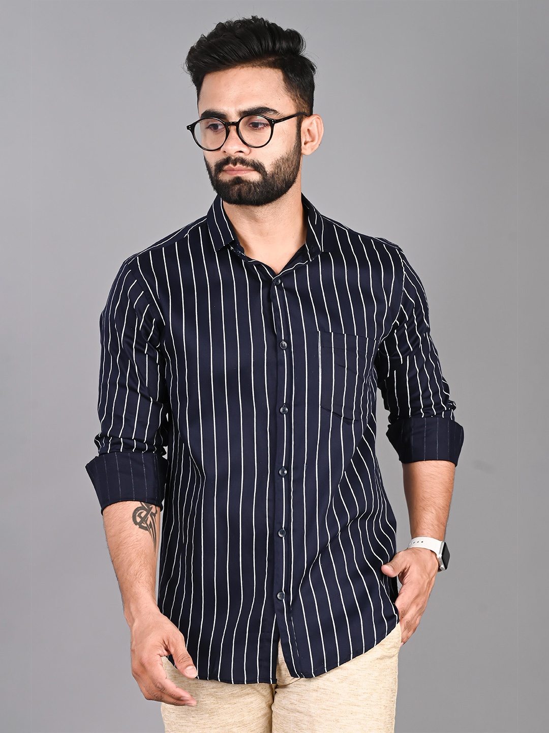 

FUBAR Striped Long Sleeves Spread Collar Slim Fit Casual Shirt, Navy blue