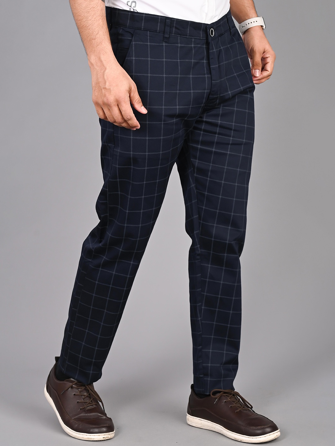 

FUBAR Men Checked Slim Fit Cotton Trousers, Blue
