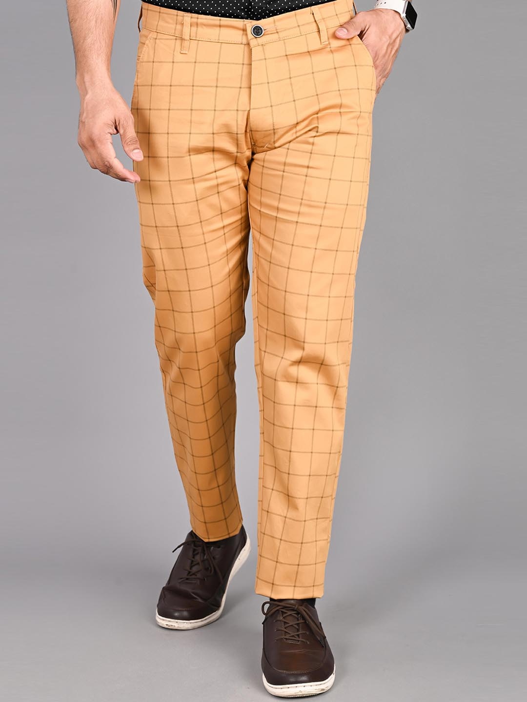 

FUBAR Men Checked Slim Fit Easy Wash Trousers, Brown