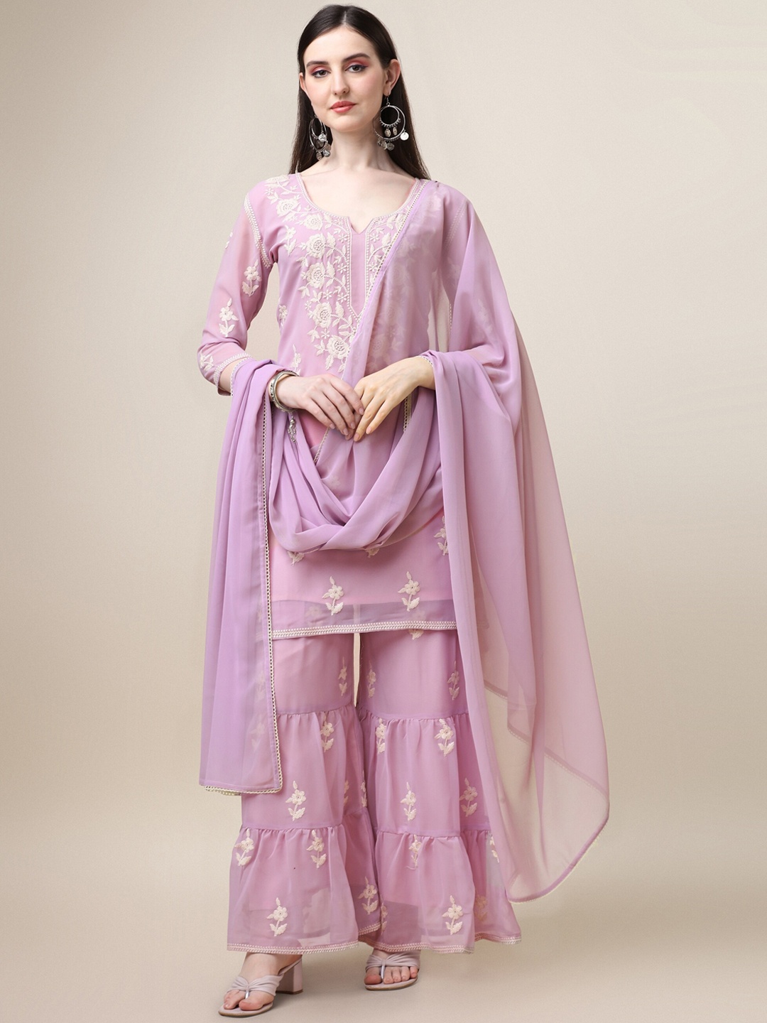 

Vaidehi Fashion Floral Embroidered Kurta with Sharara & With Dupatta, Lavender