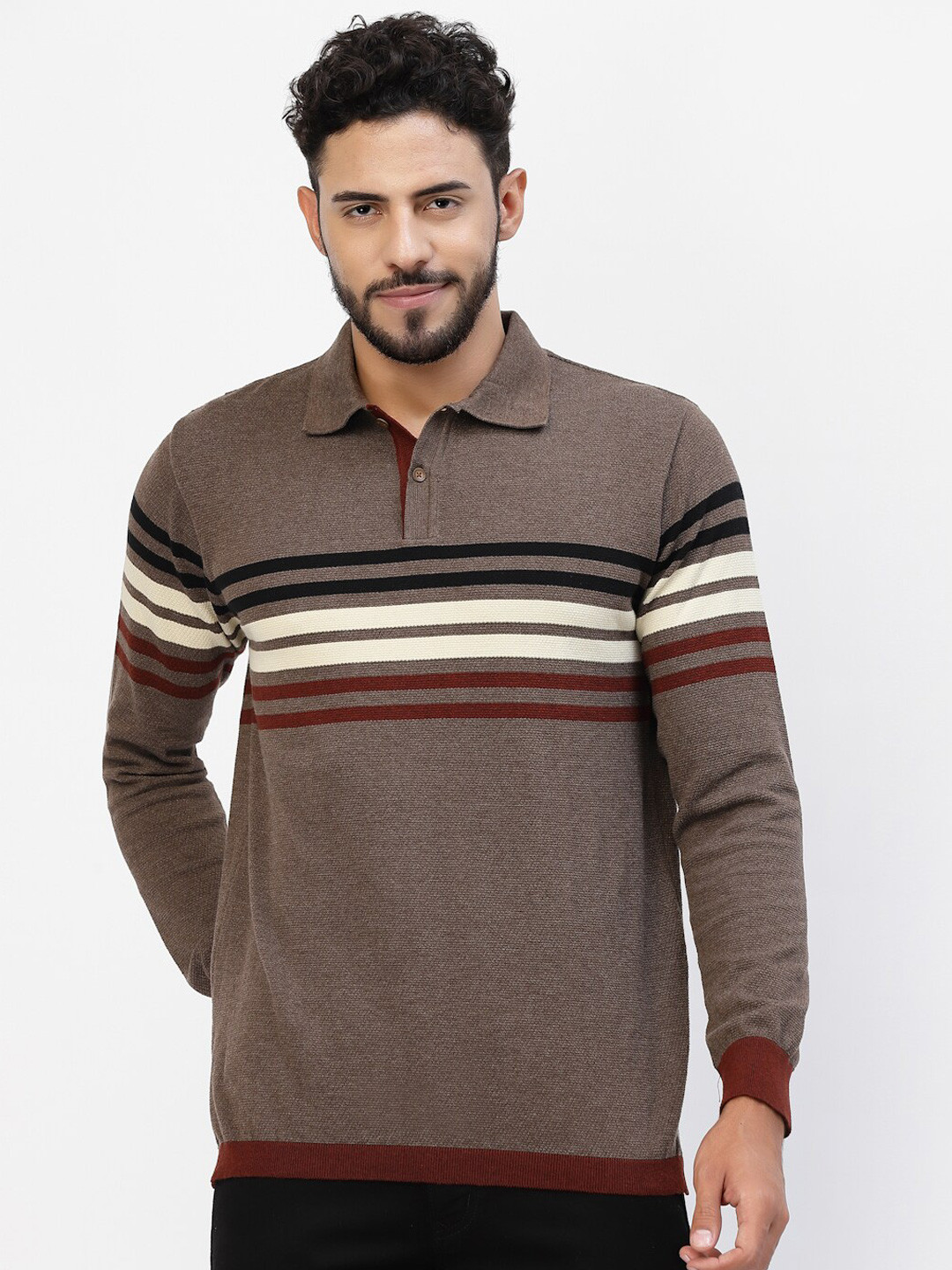 

Kalt Striped Polo Collar Cotton T-shirt, Brown