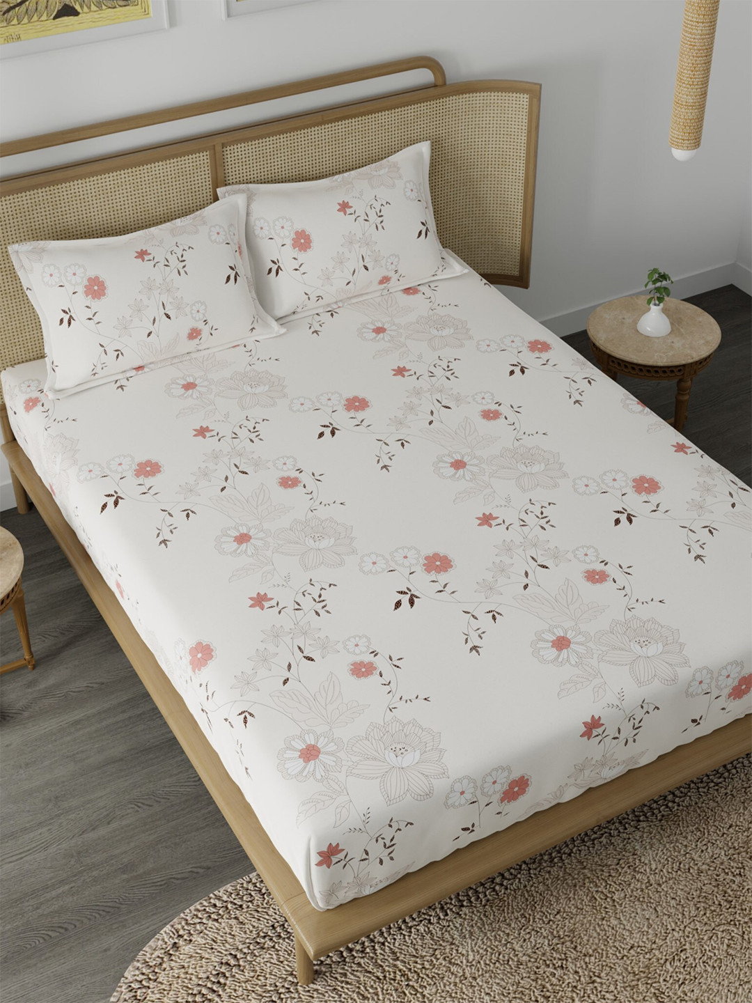 

CG HOMES Beige & Rust Floral Microfiber 180 TC Queen Bedsheet With 2 Pillow Covers