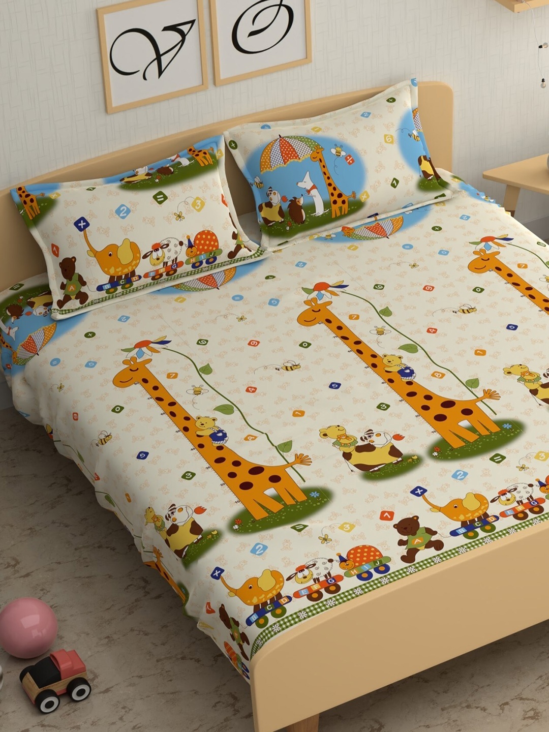 

CG HOMES Beige Cartoon Characters Microfiber 180 TC Queen Bedsheet & 2 Pillow Covers