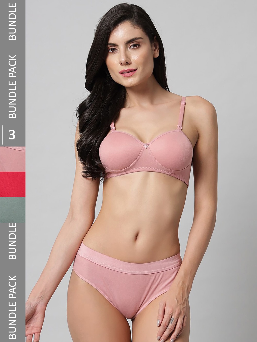 

PIBU Women Pack of 3 Cotton Lightly Padded Lingerie Set FC_R_Demi Set_Red,Pink,Green_30