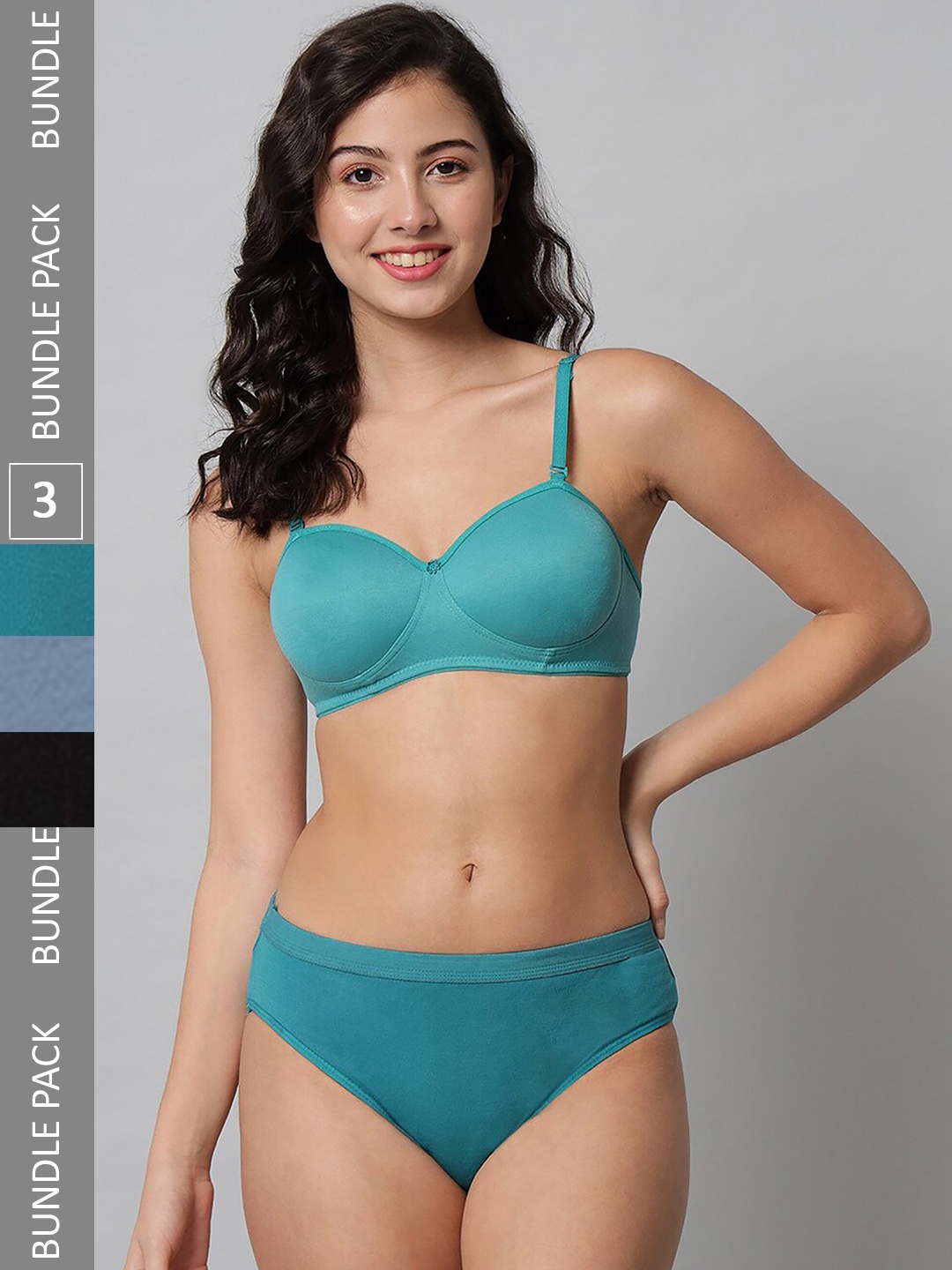 

PIBU AROUSY Pack Of 3 Non Padded Cotton Lingerie Sets FC_R_Demi Set_Black,Blue,Green_30