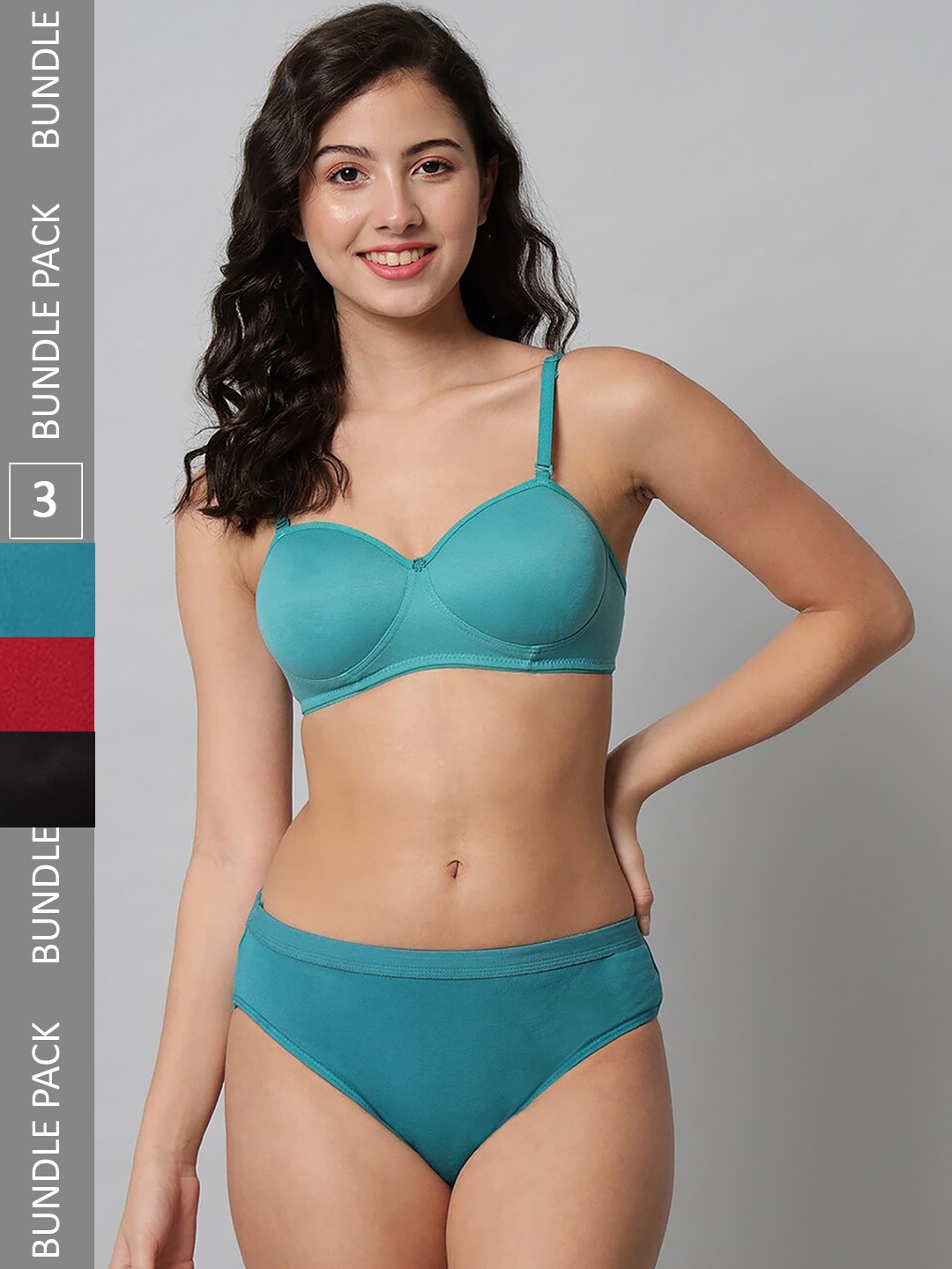 

PIBU Pack of 3 Lingerie Sets FC_R_Demi Set_Black,Blue,Red_30