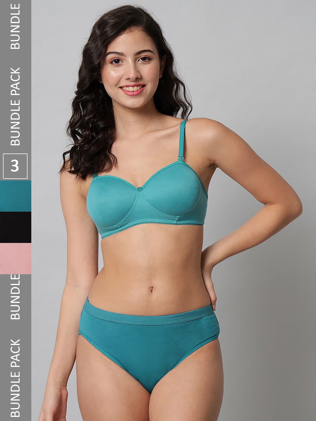 

PIBU AROUSY Pack Of 3 Non Padded Cotton Lingerie Sets FC_R_Demi Set_Black,Blue,Pink_30