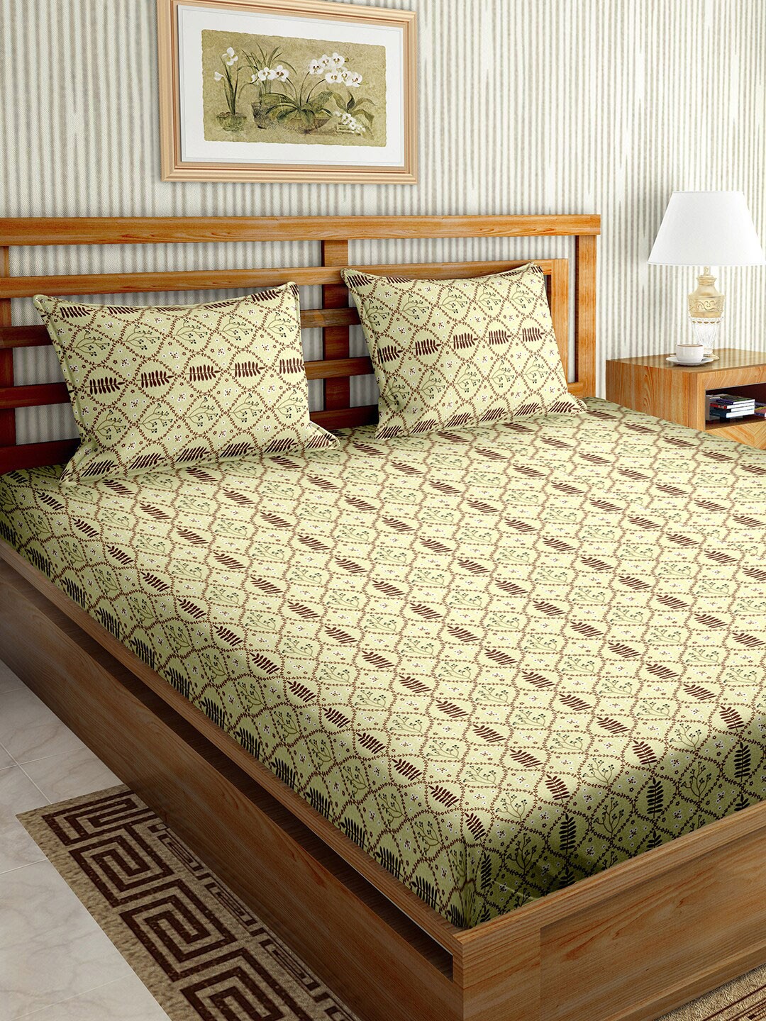 

BELLA CASA Stella Green & Brown Floral Cotton 180 TC King Bedsheet with 2 Pillow Covers
