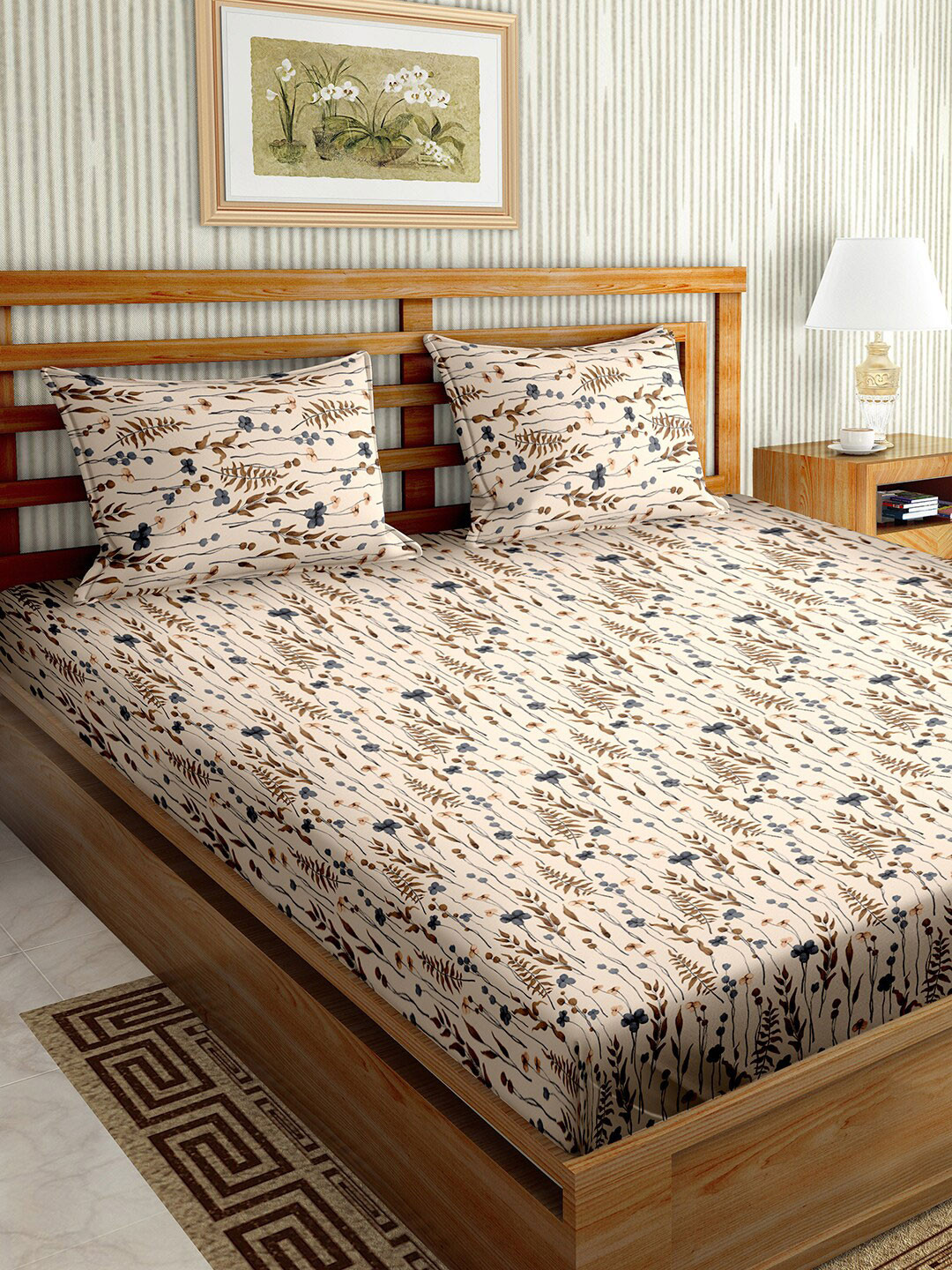 

BELLA CASA Stella Brown & Beige Floral Cotton 180 TC King Bedsheet With 2 Pillow Covers