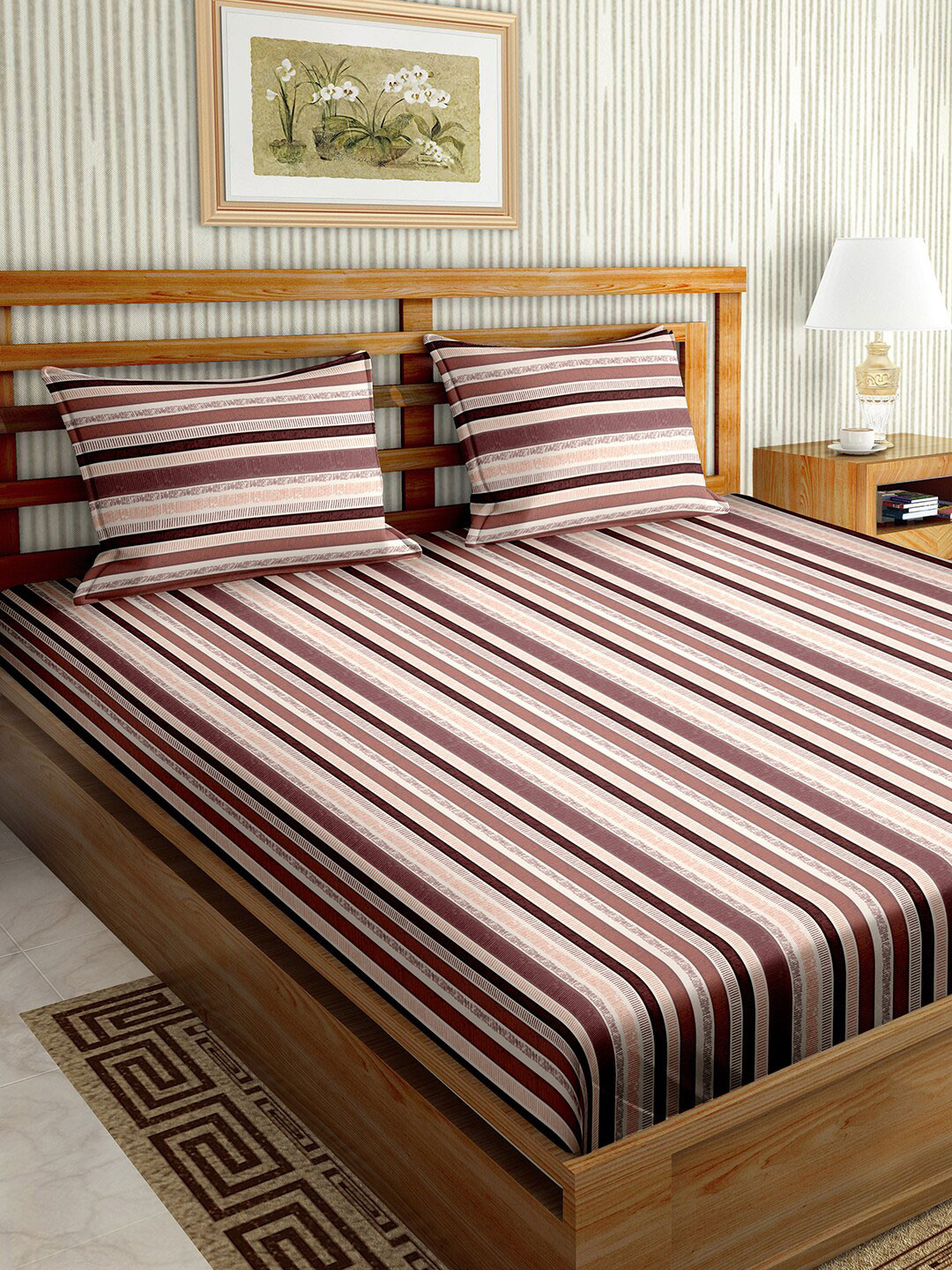 

BELLA CASA Stella Violet & Brown Striped Cotton 180 TC King Bedsheet With 2 Pillow Covers