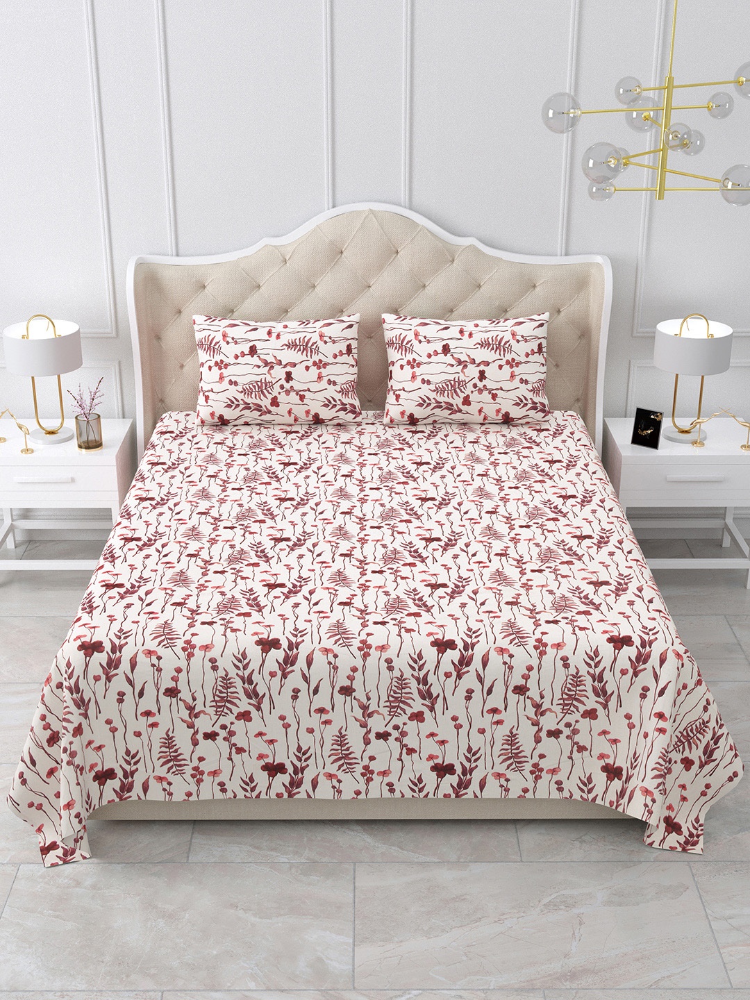 

BELLA CASA Stella Brown Floral Cotton 180 TC King Bedsheet with 2 Pillow Covers, Peach