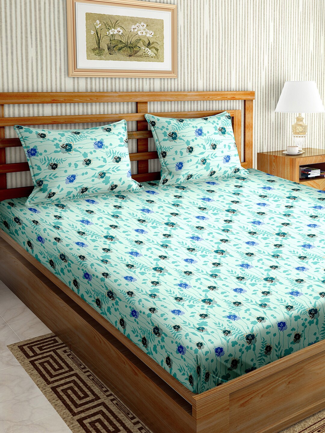 

BELLA CASA Stella Teal & Green Floral Cotton 180 TC King Bedsheet With 2 Pillow Covers