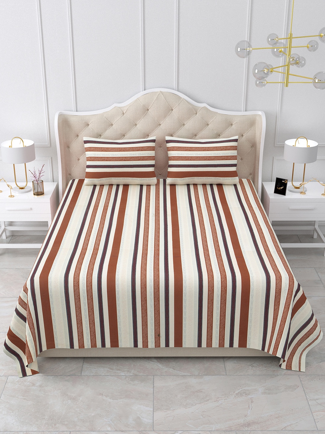 

BELLA CASA Stella Brown & Beige Striped Cotton 180 TC King Bedsheet With 2 Pillow Covers