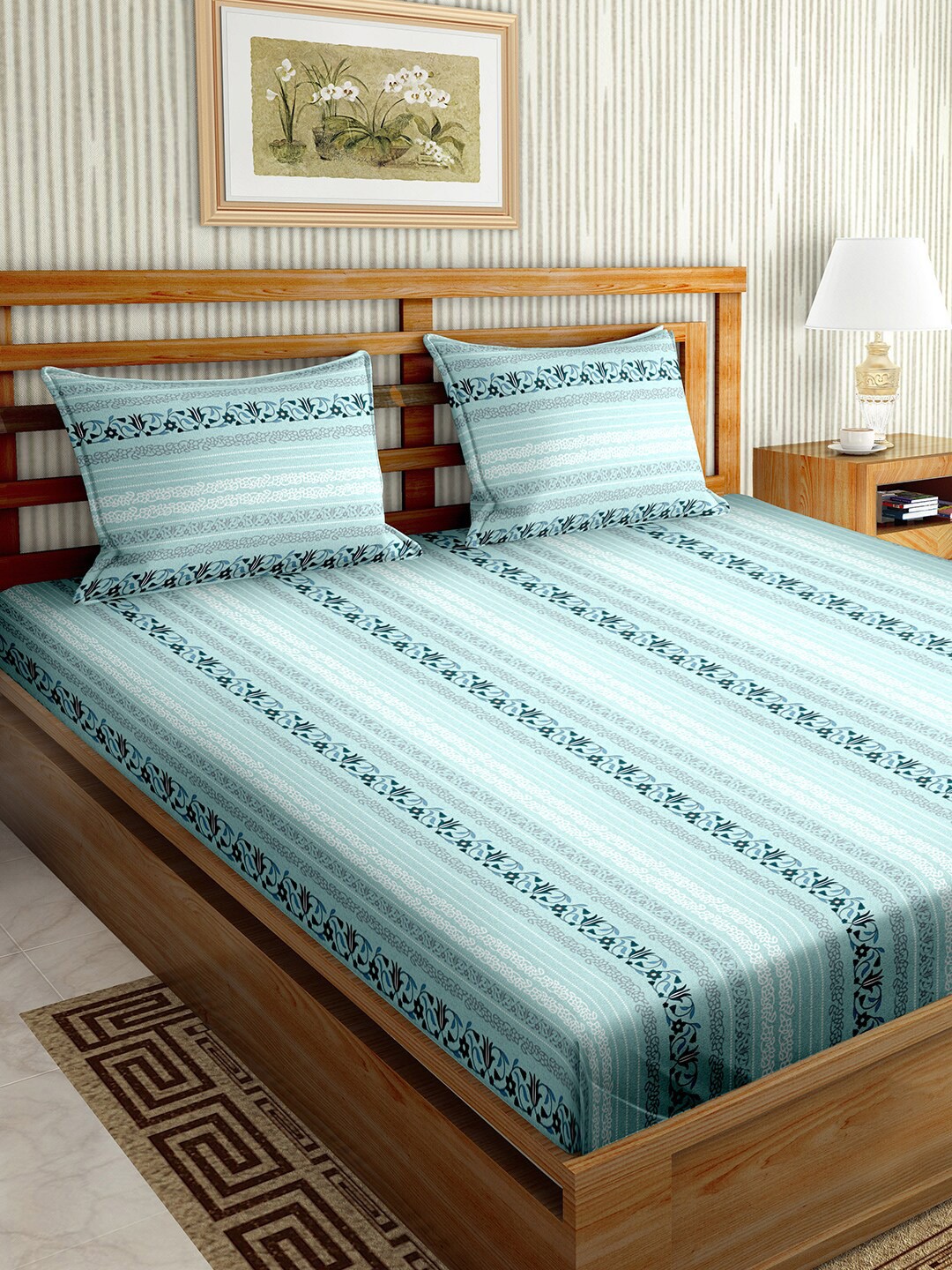 

BELLA CASA Stella Blue & Green Floral Cotton 180 TC King Bedsheet with 2 Pillow Covers