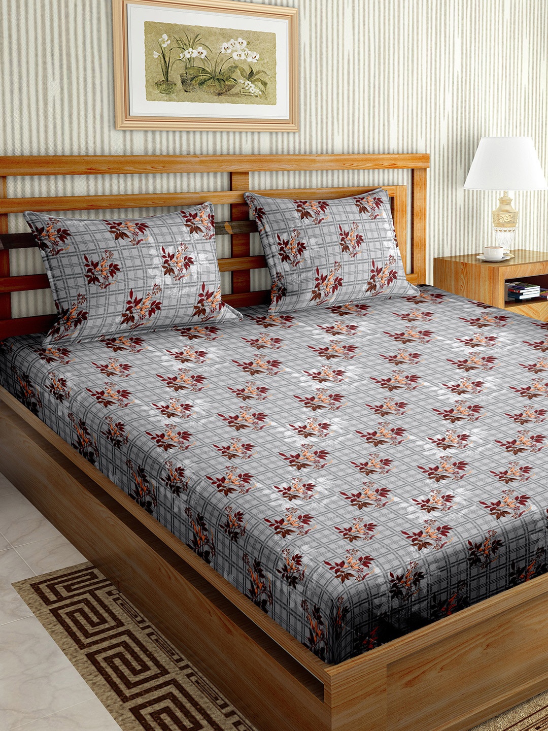 

BELLA CASA Stella Grey & Red Floral Cotton 180 TC King Bedsheet With 2 Pillow Covers