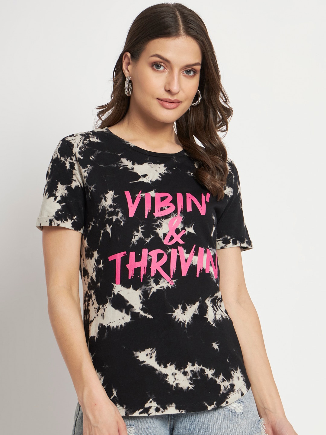 

VividArtsy Abstract Printed Round Neck Cotton T-shirt, Black