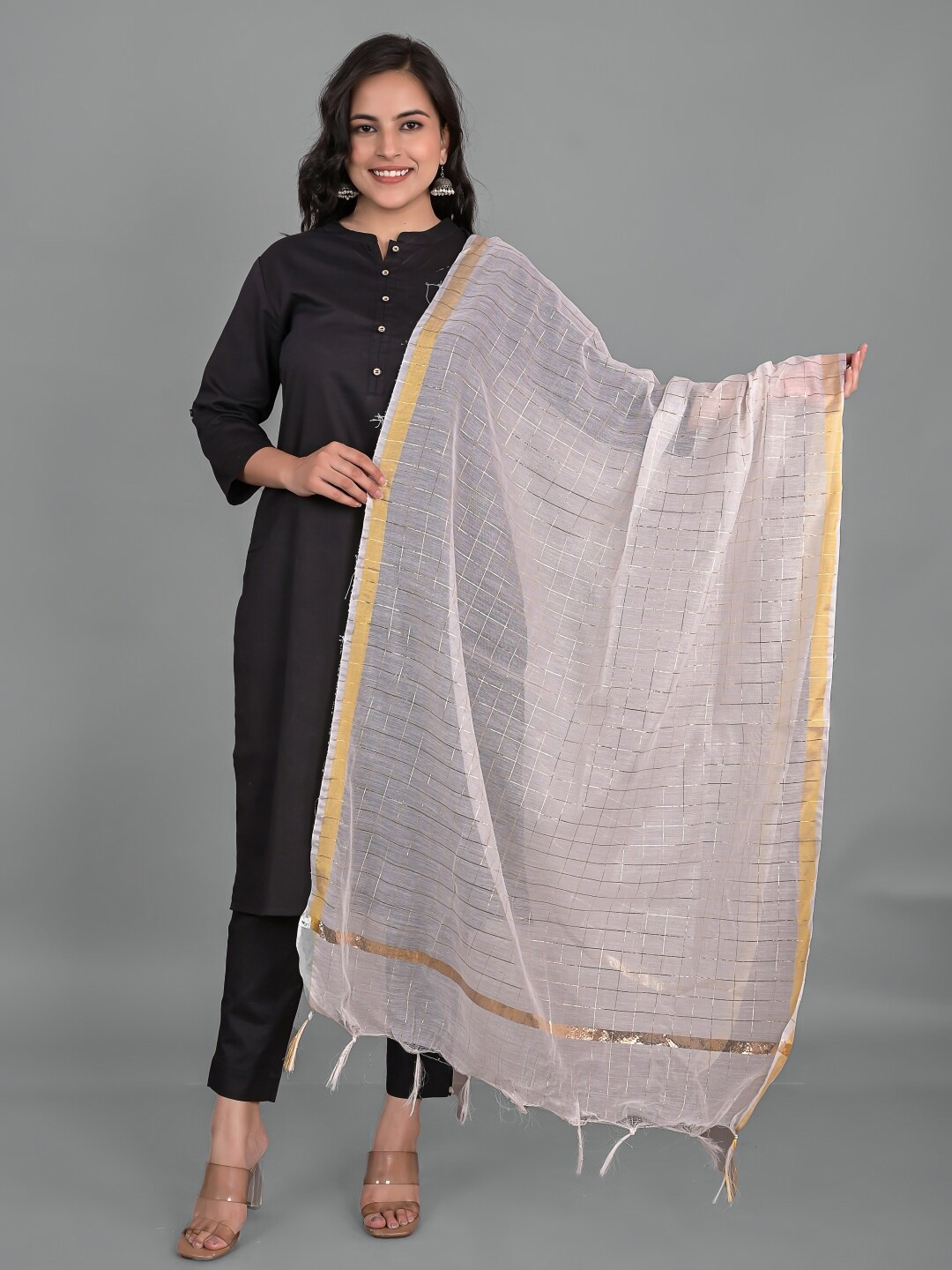 

Apratim Checked Dupatta With Zari, White