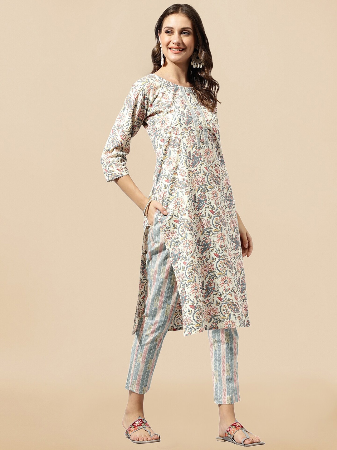 

KALINI Floral Printed Pure Cotton Kurta With Trousers, Off white