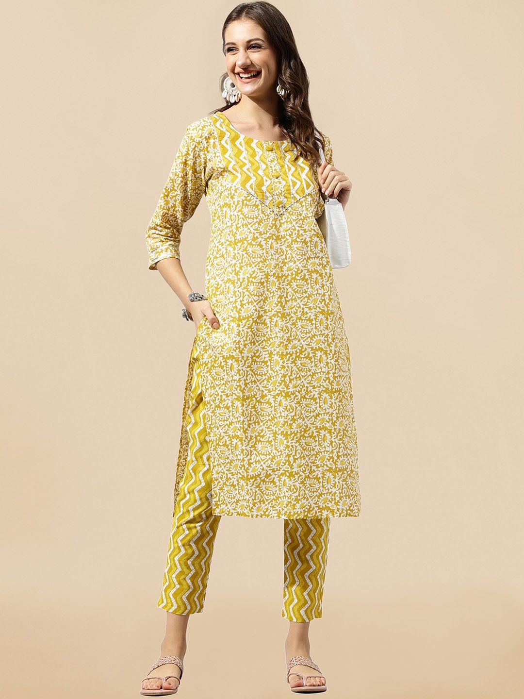 

KALINI Ethnic Motifs Printed Gotta Patti Batik Pure Cotton Kurta With Trousers, Mustard