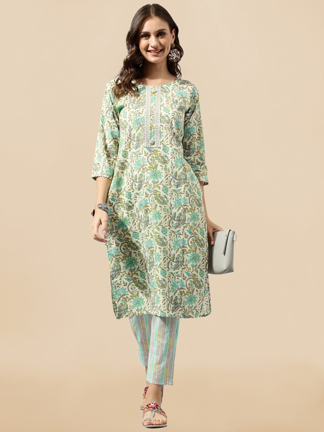 

KALINI Floral Printed Gotta Patti Pure Cotton Kurta With Trousers, Cream