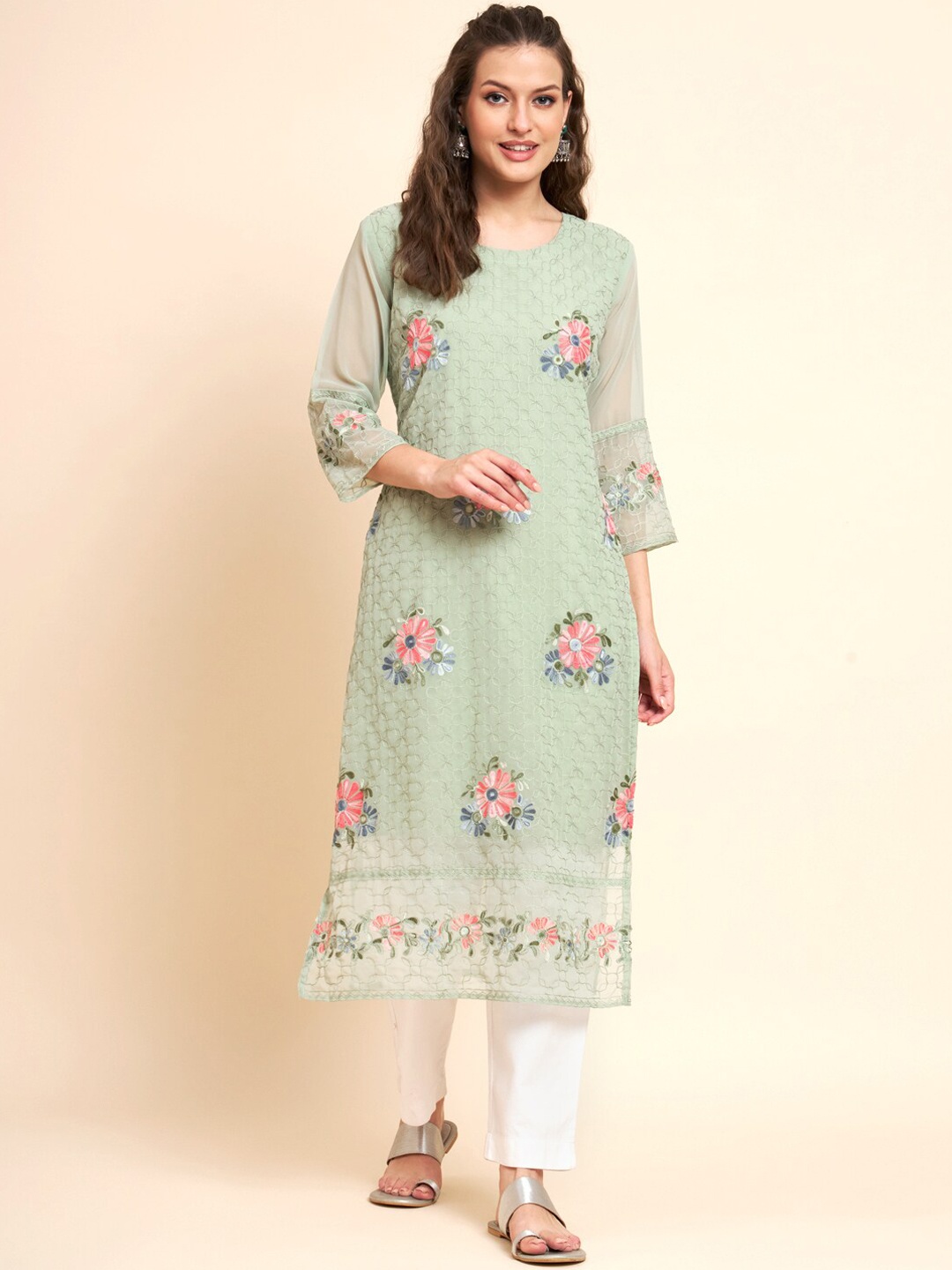 

VAIRAGEE Floral Embroidered Thread Work Pure Georgette Straight Kurta, Olive
