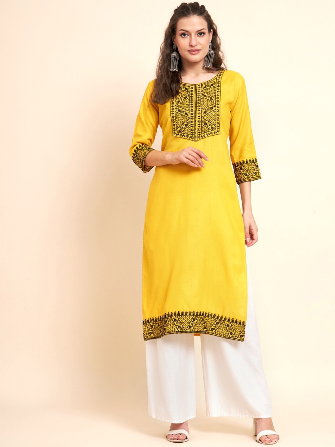 

VAIRAGEE Ethnic Motifs Yoke Design Sequined Thread Work Pure Cotton Kurta, Yellow