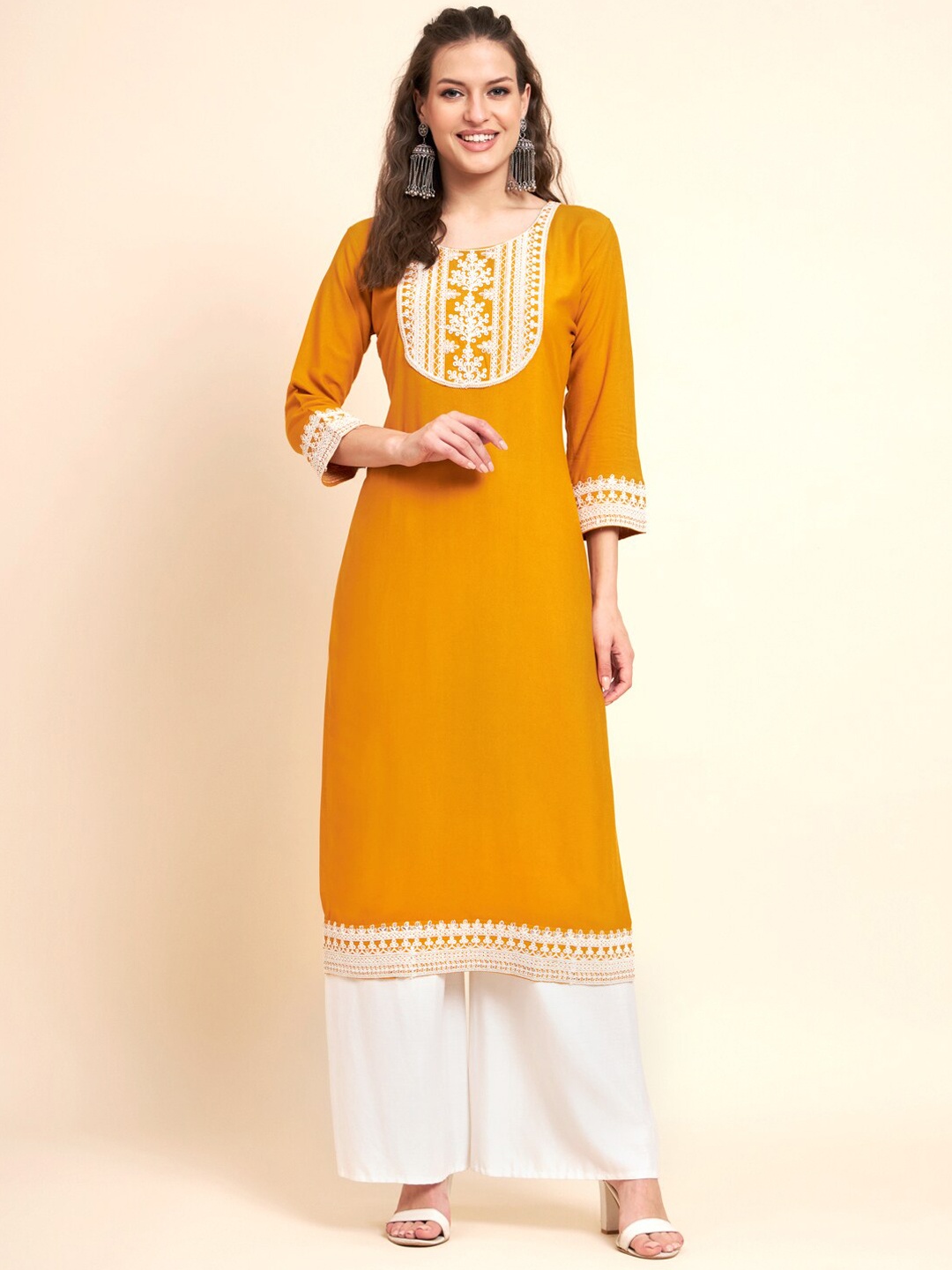 

VAIRAGEE Ethnic Motifs Yoke Design Sequined Thread Work Kurta, Mustard