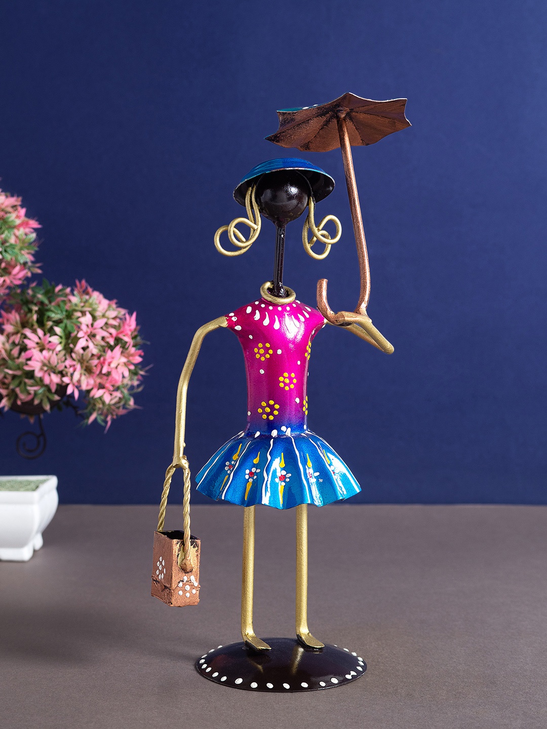 

Golden Peacock Pink & Blue Textured Lady Holding Umbrella Figurine Showpiece
