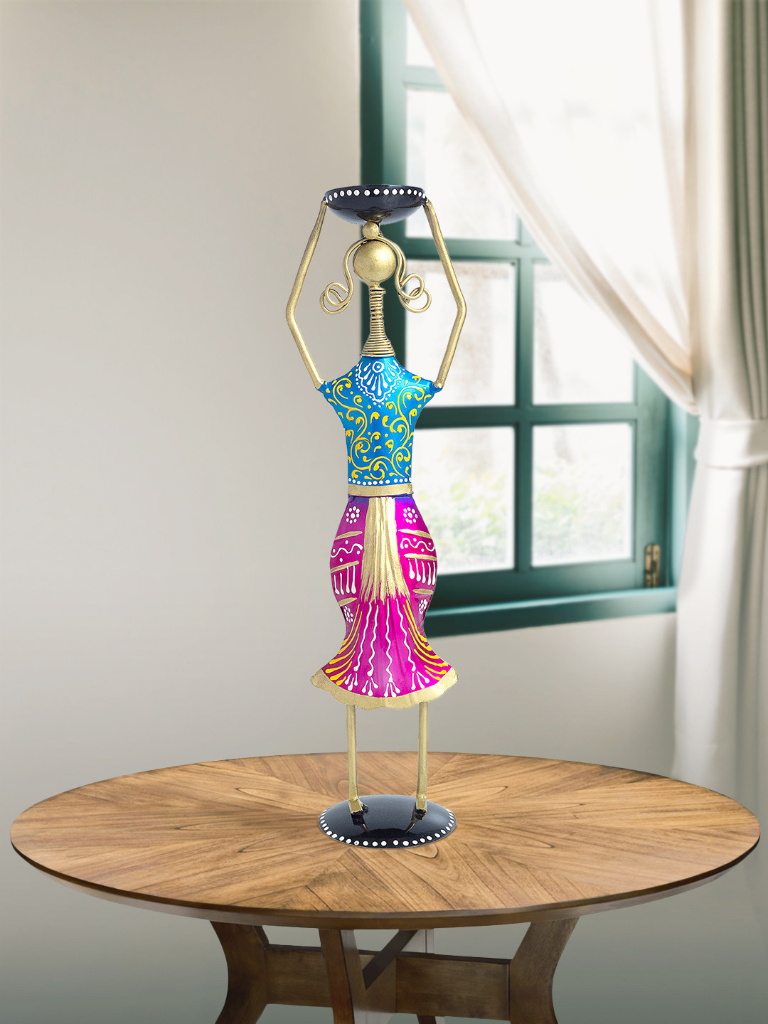 

Golden Peacock Blue & Pink Village Women Figurine Showpiece
