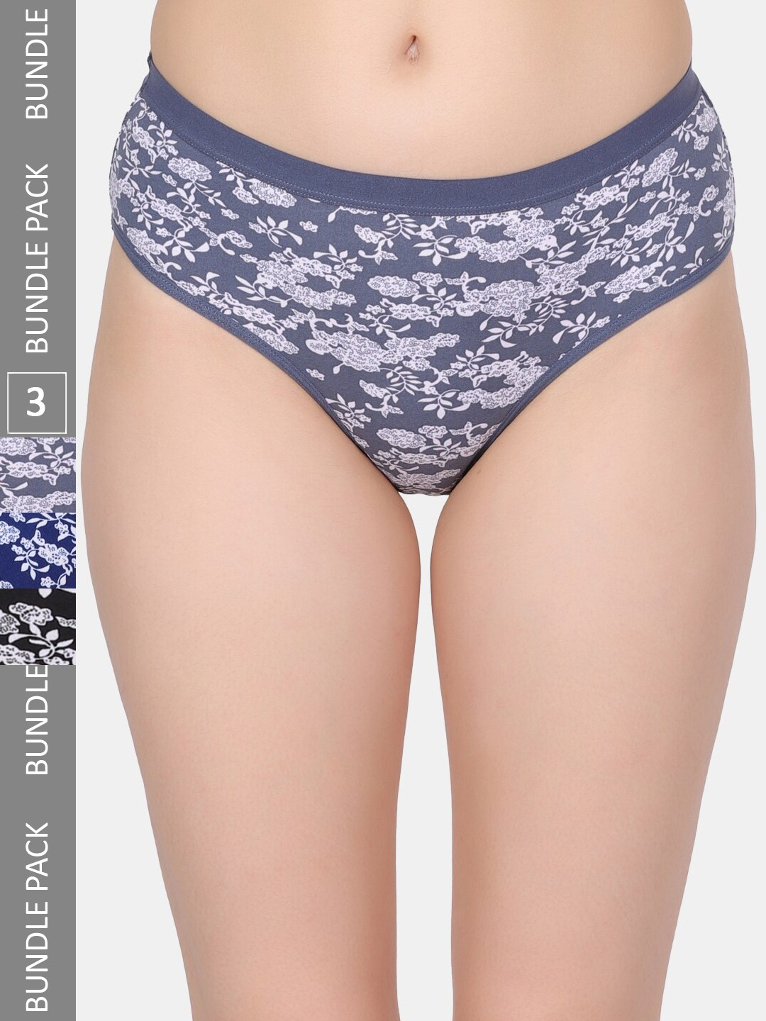 

Amour Secret Pack of 3 Printed Mid-Rise Bikini Briefs P2012_Gry_Dblu_Blk, Black