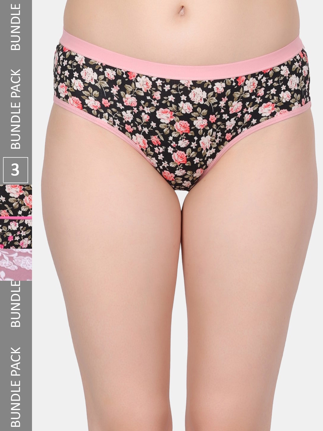

Amour Secret Pack of 3 Floral Printed Mid-Rise Briefs P2012_Pch_Pnk_Rbn, Black