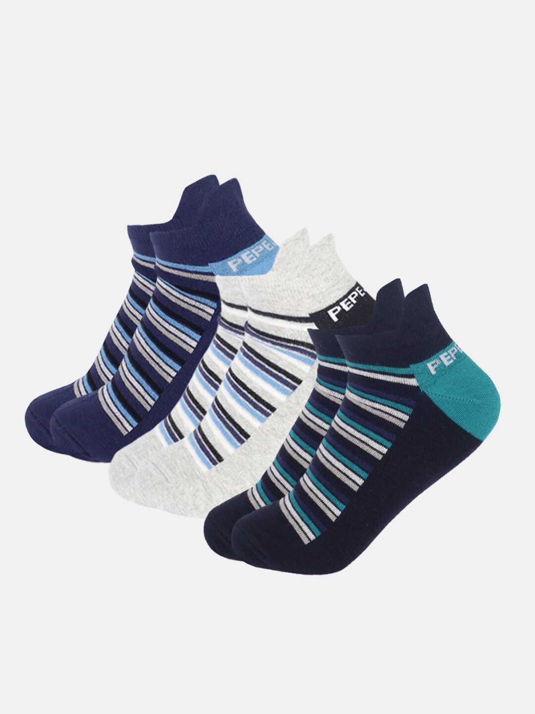 

Pepe Jeans Men Pack Of 3 Striped Anti Microbial Cotton Ankle Length Socks, Blue