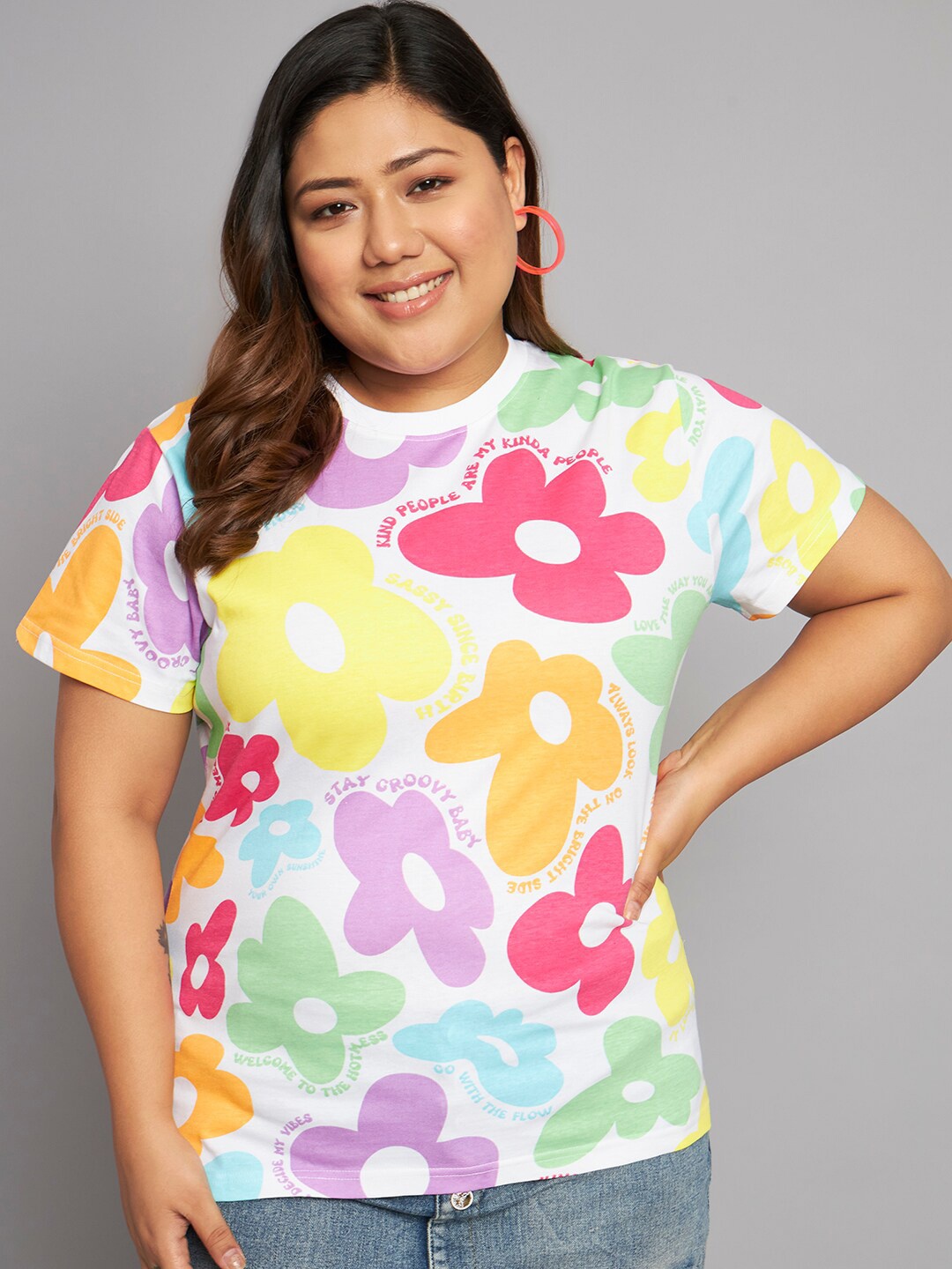 BEYOUND SIZE - THE DRY STATE Plus Size Floral Printed Cotton T-shirt, White