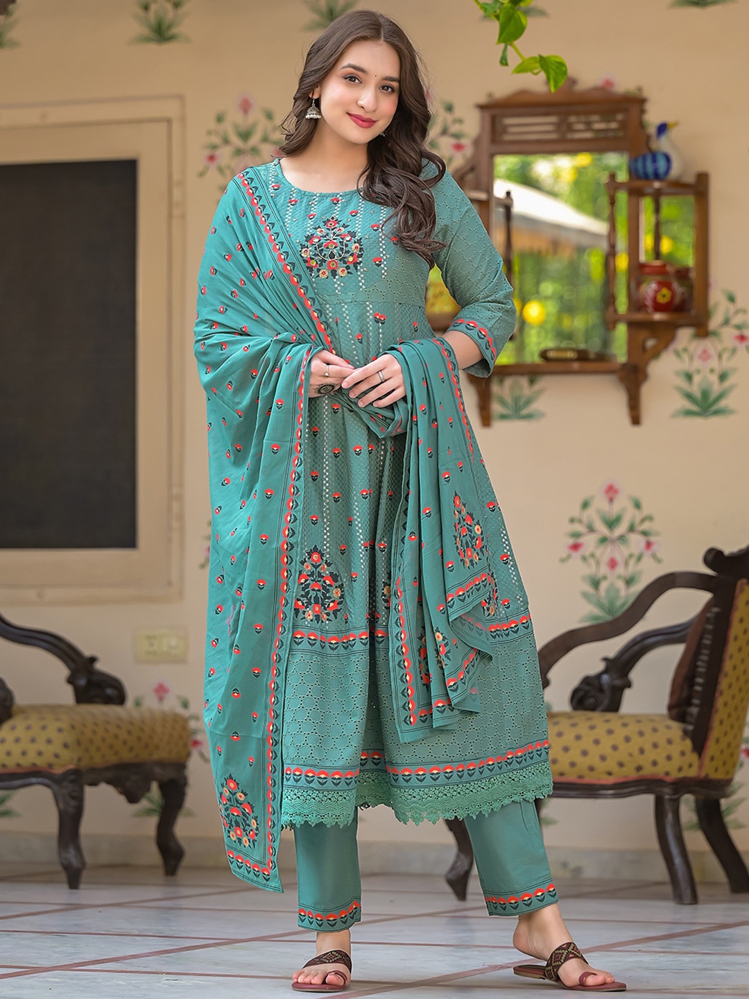 

Sangria Floral Printed Pure Cotton Anarkali Kurta & Trouser With Dupatta, Sea green