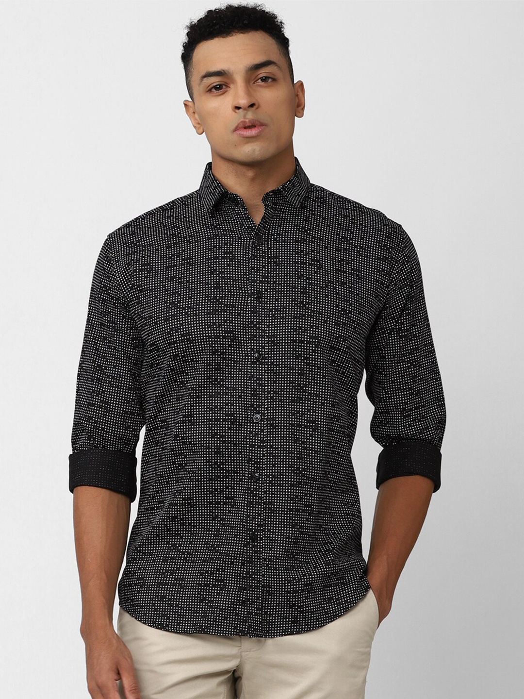 

V Dot Slim Fit Opaque Micro Ditsy Printed Pure Cotton Casual Shirt, Black