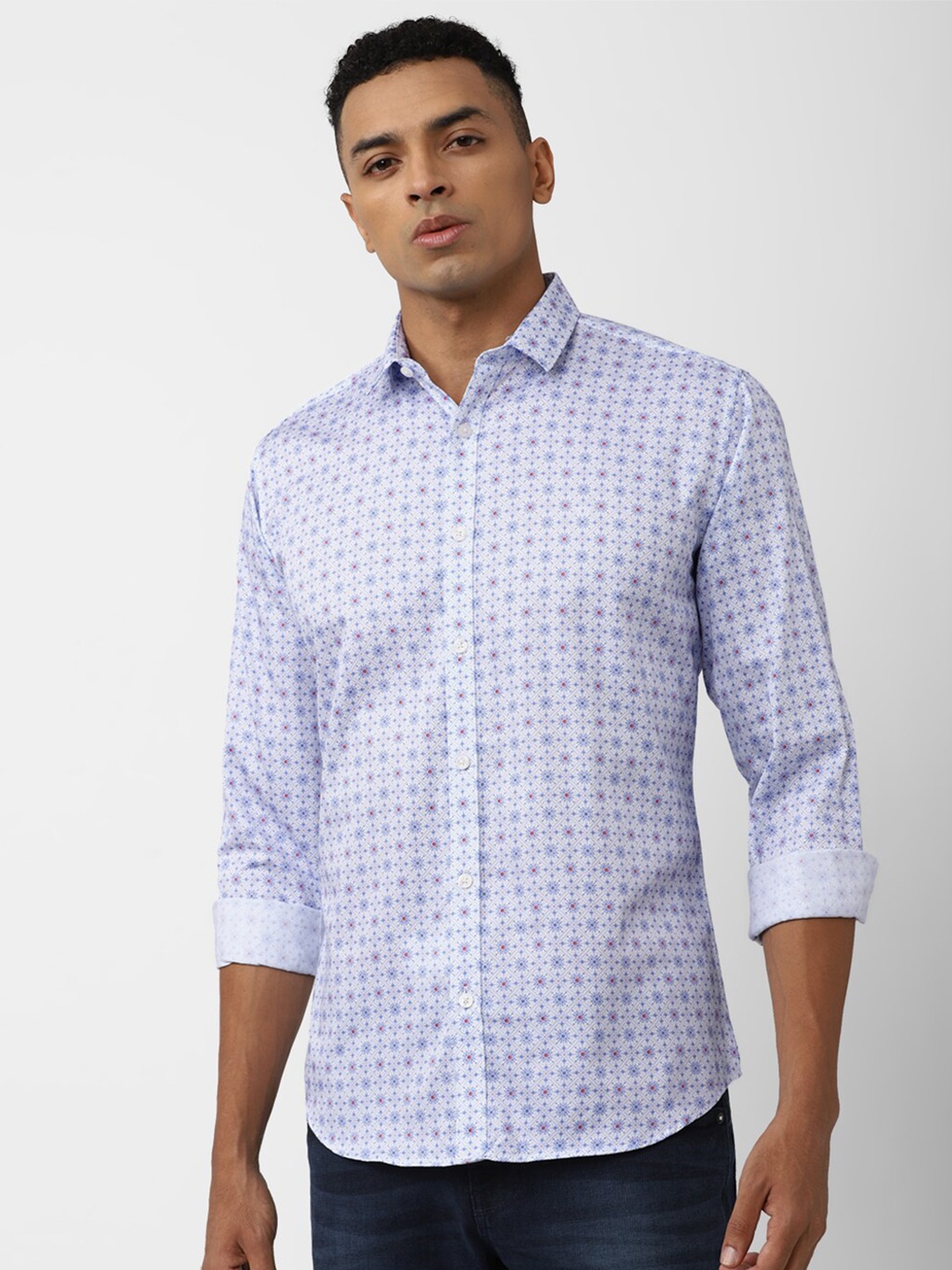 

V Dot Slim Fit Floral Printed Pure Cotton Casual Shirt, Blue