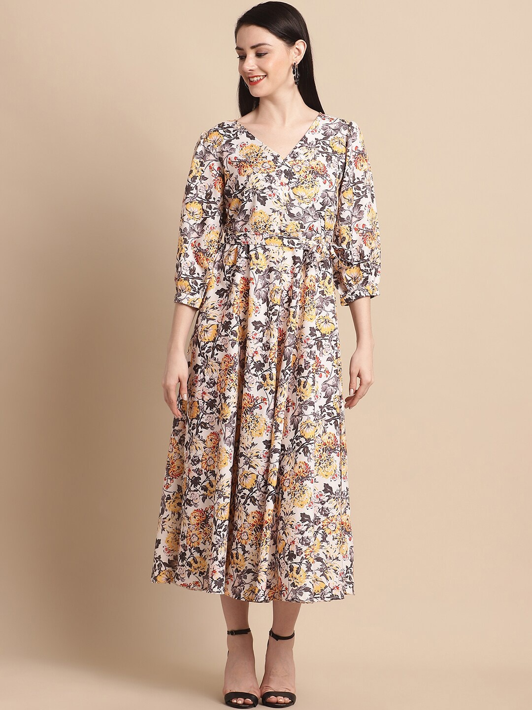 

JAINISH Floral Printed Fit & Flare Midi Dress, Off white