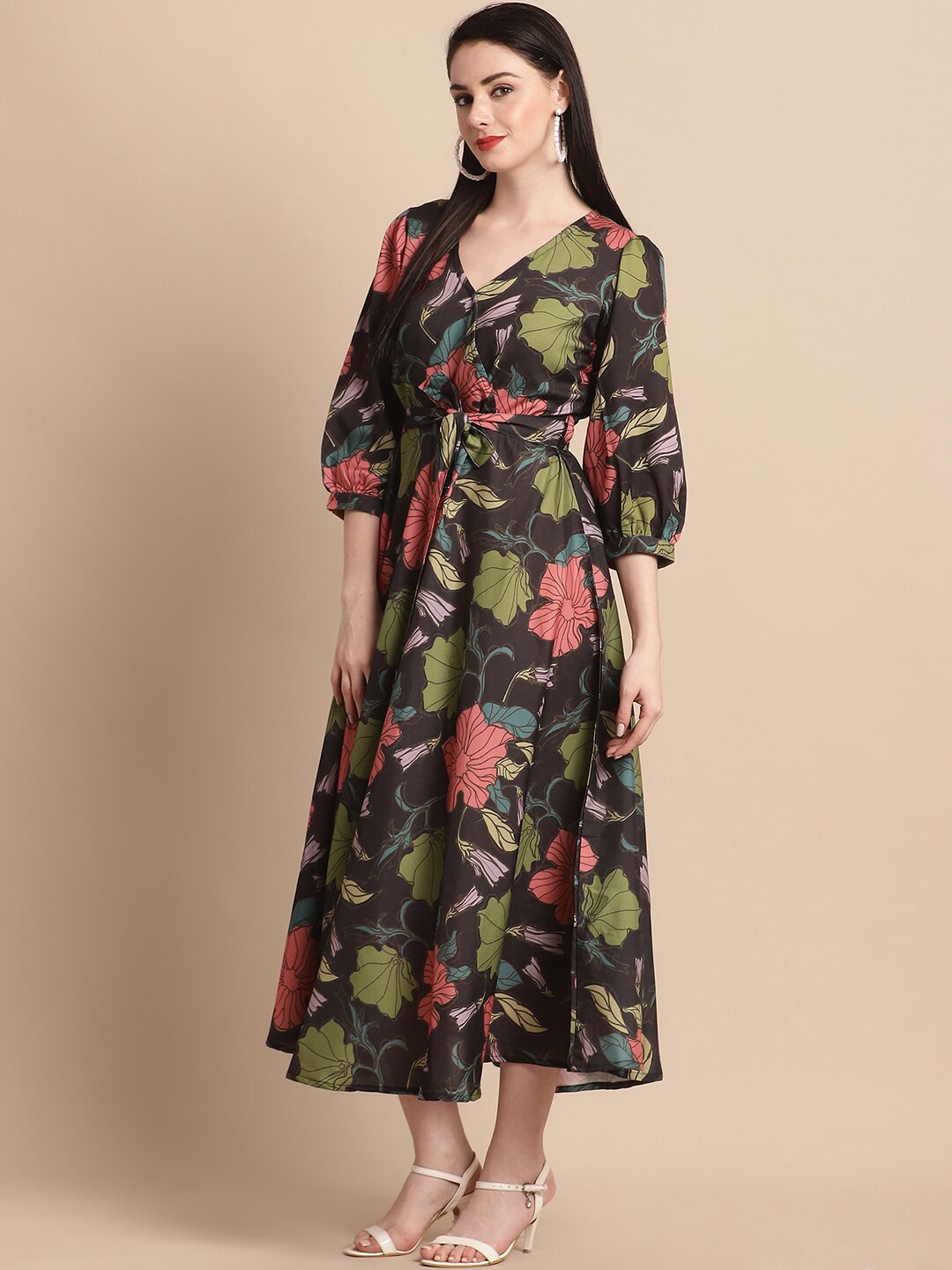 

JAINISH Floral Print V-Neck Puff Sleeve Maxi Dress, Black