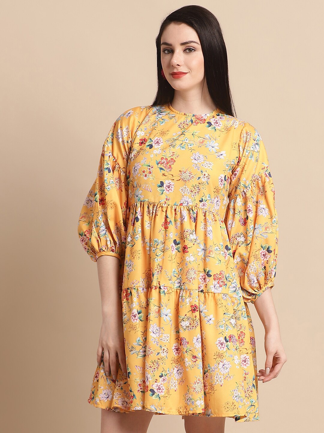 

JAINISH Floral Print Puff Sleeve Fit and Flare Dress, Yellow