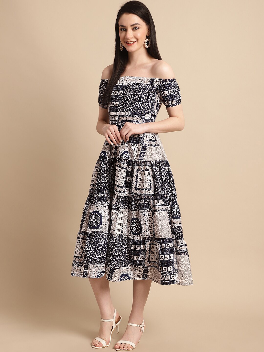 

JAINISH Ethnic Motifs Print Off-Shoulder Crepe Fit & Flare Midi Dress, Navy blue