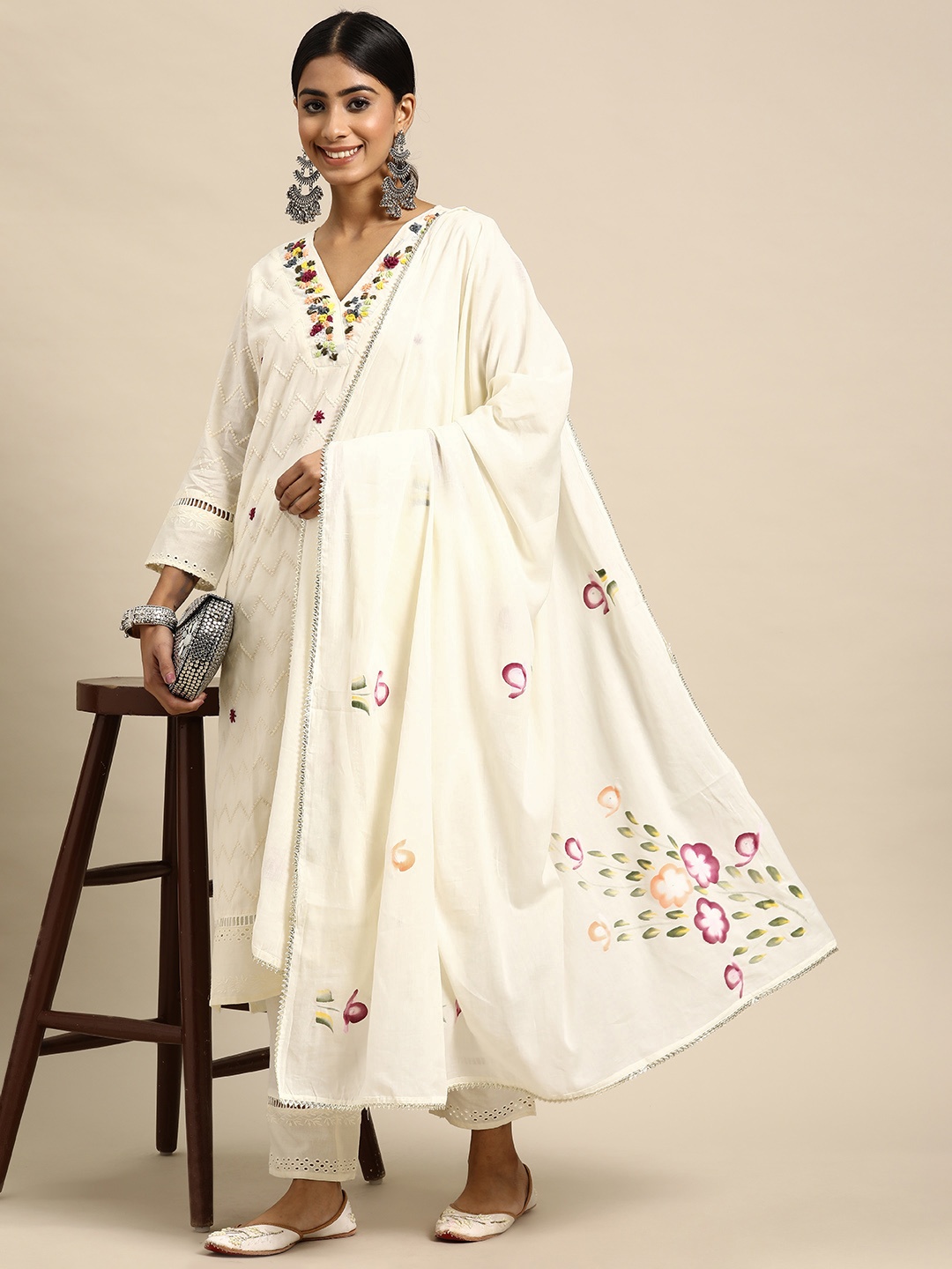 

Sangria Women Embroidered Thread Work Pure Cotton Kurta with Trousers & With Dupatta, Off white