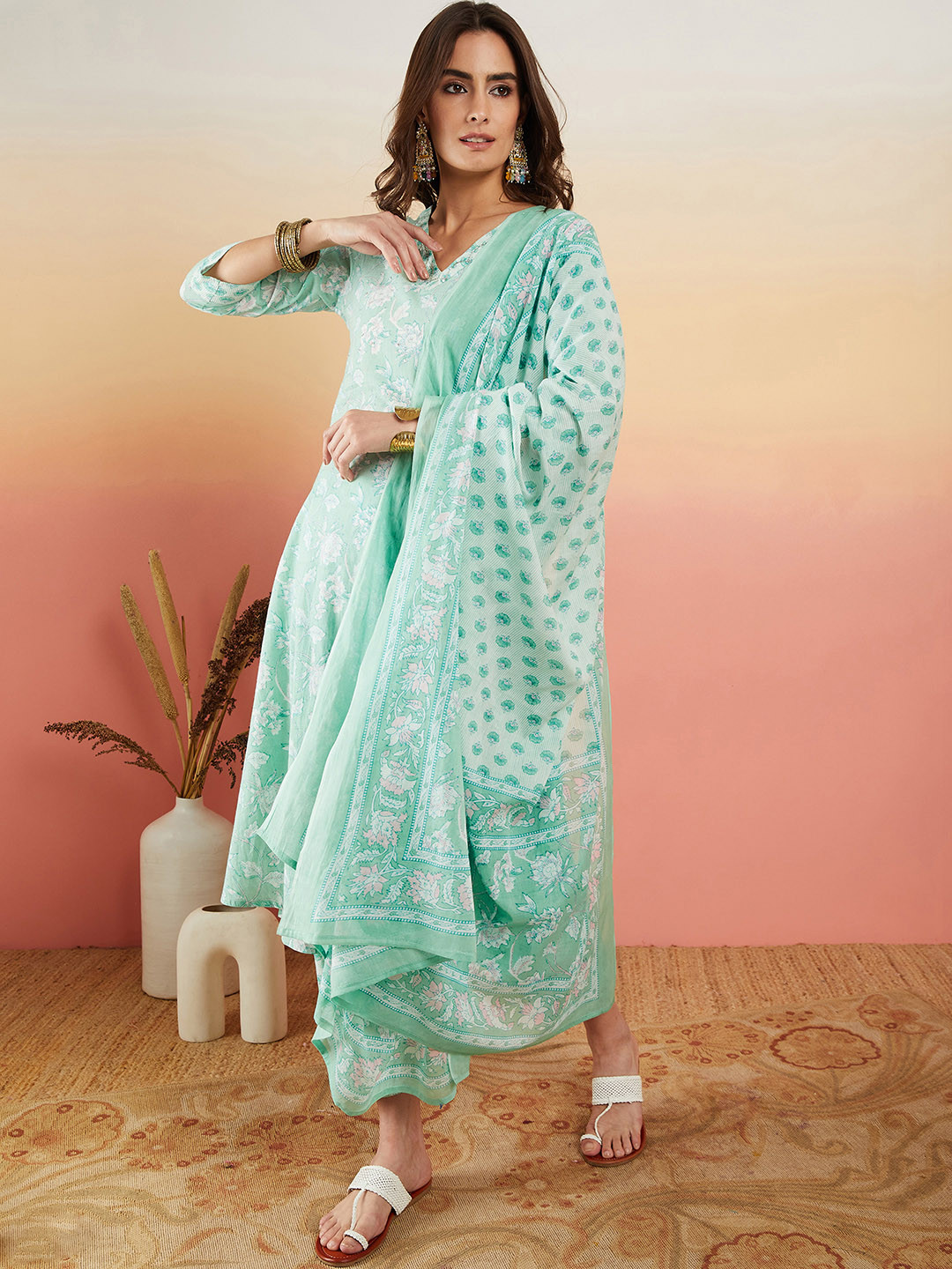 

Sangria Women Floral Printed Regular Sequinned Pure Cotton Kurta with Trousers & Dupatta, Sea green