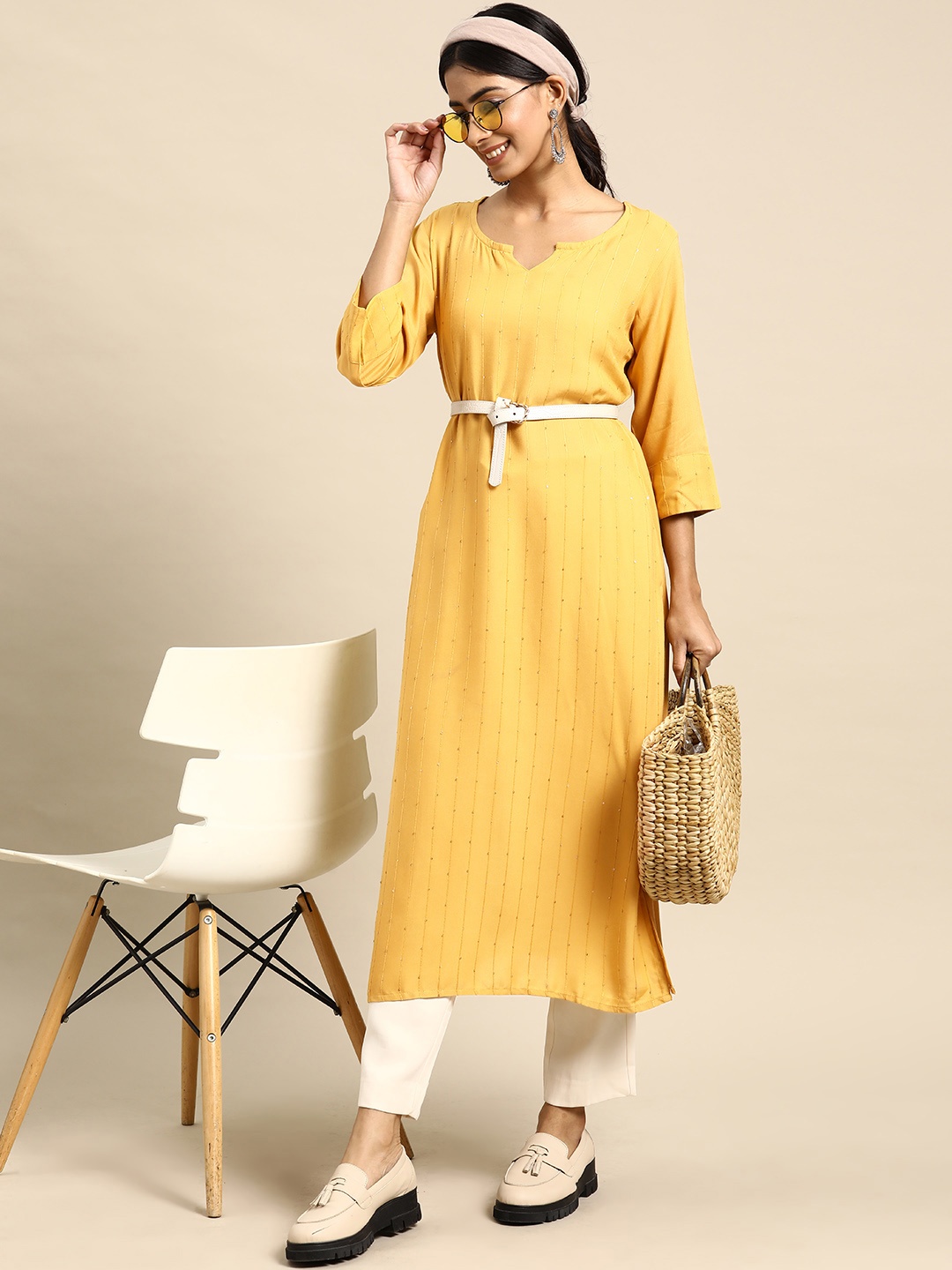 

Sangria Women Sequinned Striped Kurta with Belt, Mustard