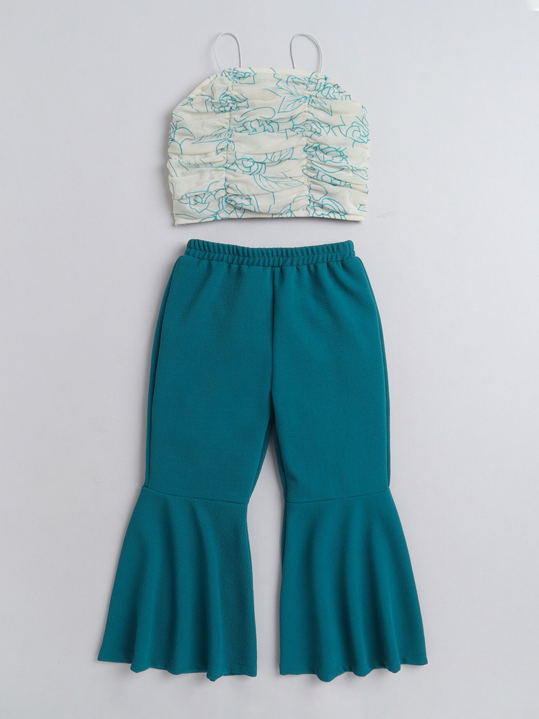 

taffykids Girls Printed Ruched Top With Trousers, White