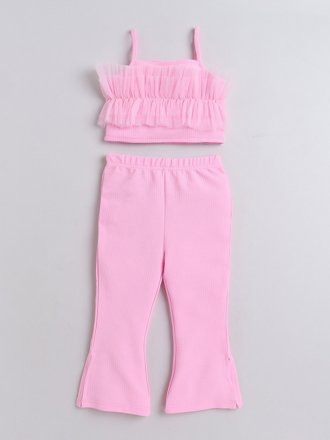 

taffykids Girls Self Design Shoulder Straps Ruffled Top With Trousers, Pink