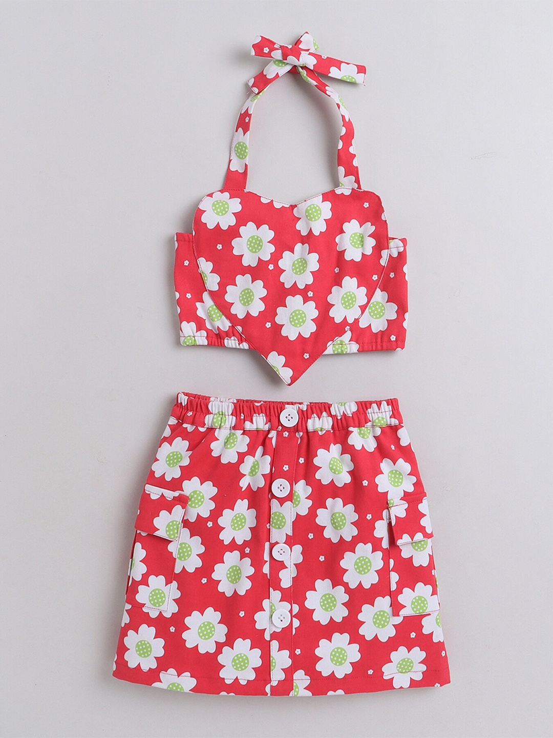

taffykids Girls Floral Printed Top With Skirt, Red