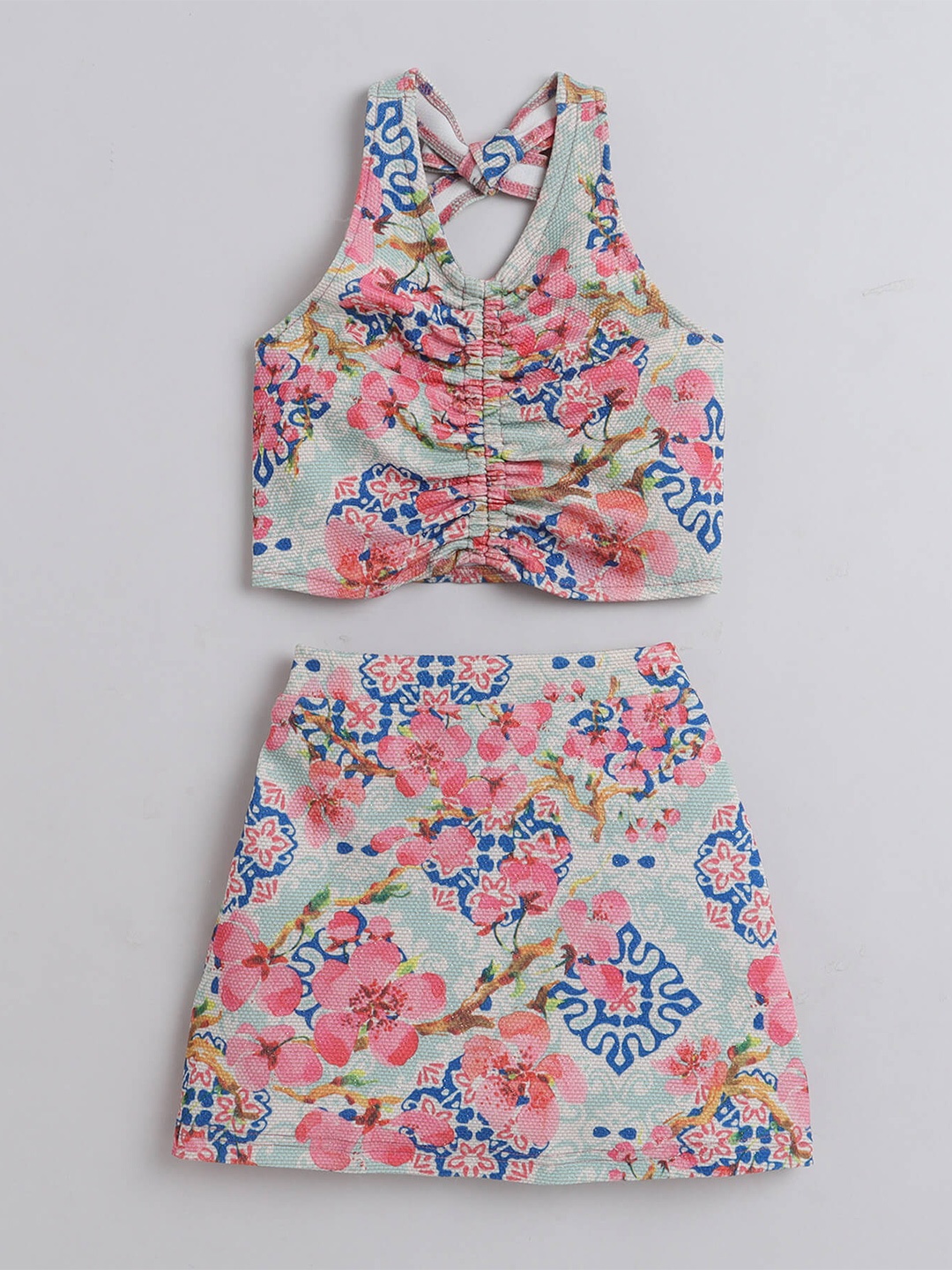 

taffykids Girls Floral Printed Halter Neck Top With Skirt, Blue