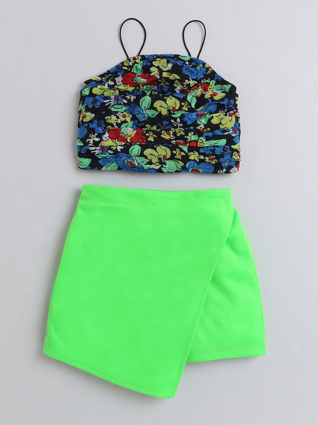 

taffykids Girls Printed Shoulder Strap Top With Skorts, Fluorescent green