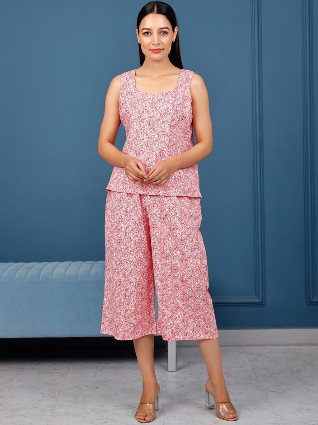 

PHEETA Printed Cotton Top with Trousers, Pink