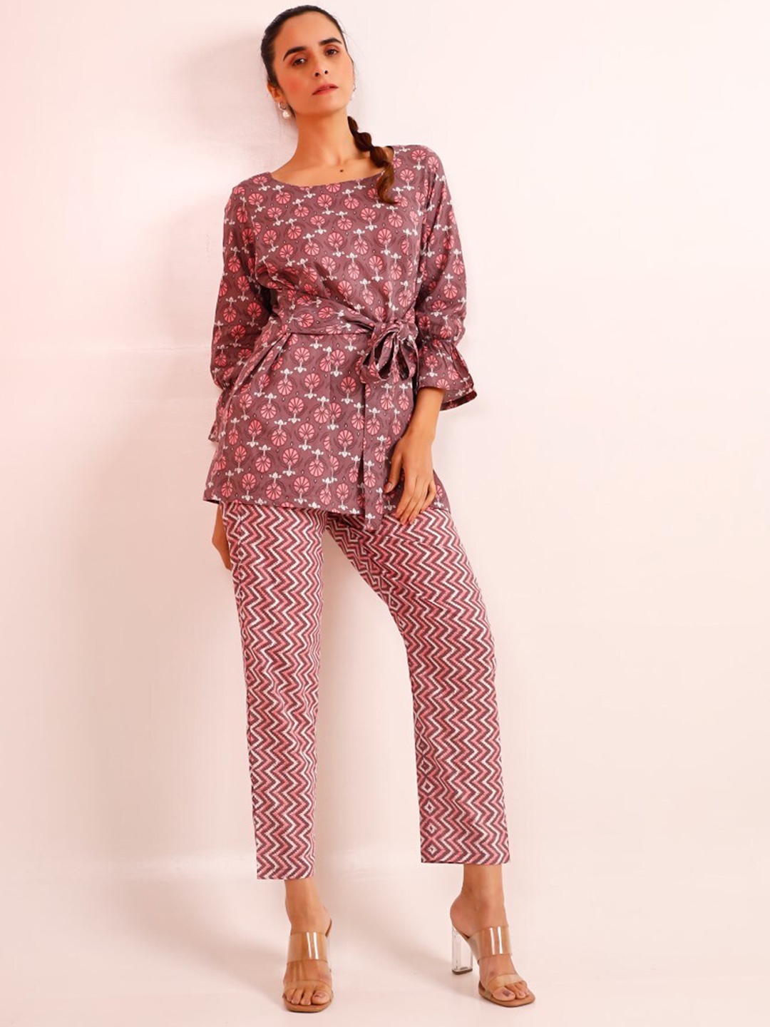 

PHEETA Printed Cotton Top with Trousers, Mauve